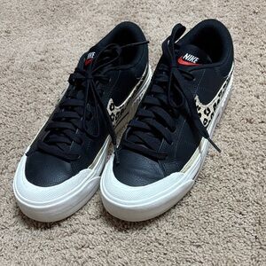 Nike Black Leather Low-Top Sneakers with Leopard Swoosh